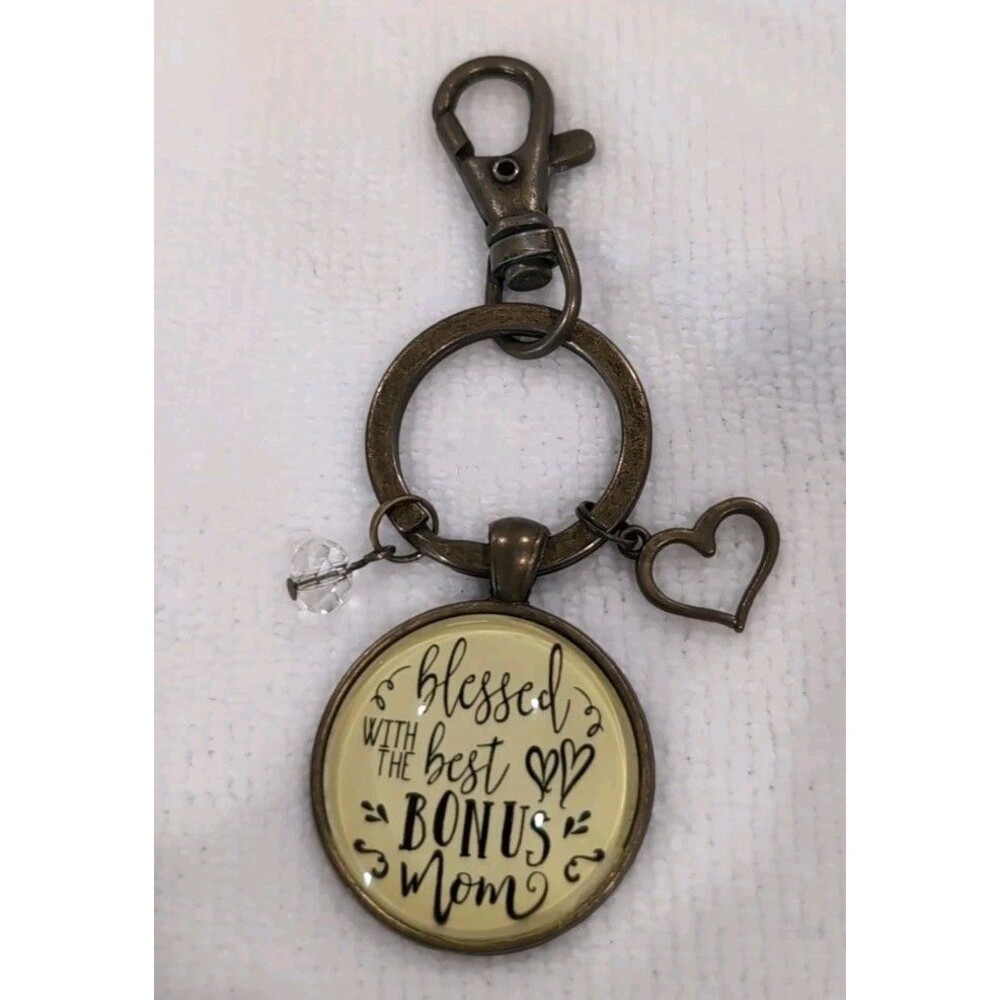 BRONZE TONE Bonus Mom Bag Charm/ Keychain Medallion W/Bead And Heart